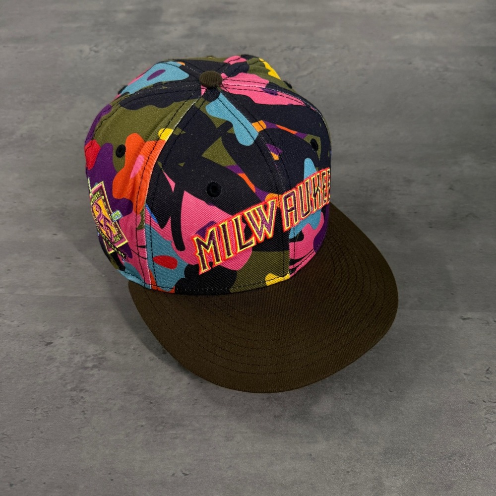 Hat‎ Club Milwaukee Brewers New Era Cap 7 1/4 Color Camo Brown Neon Rave RARE